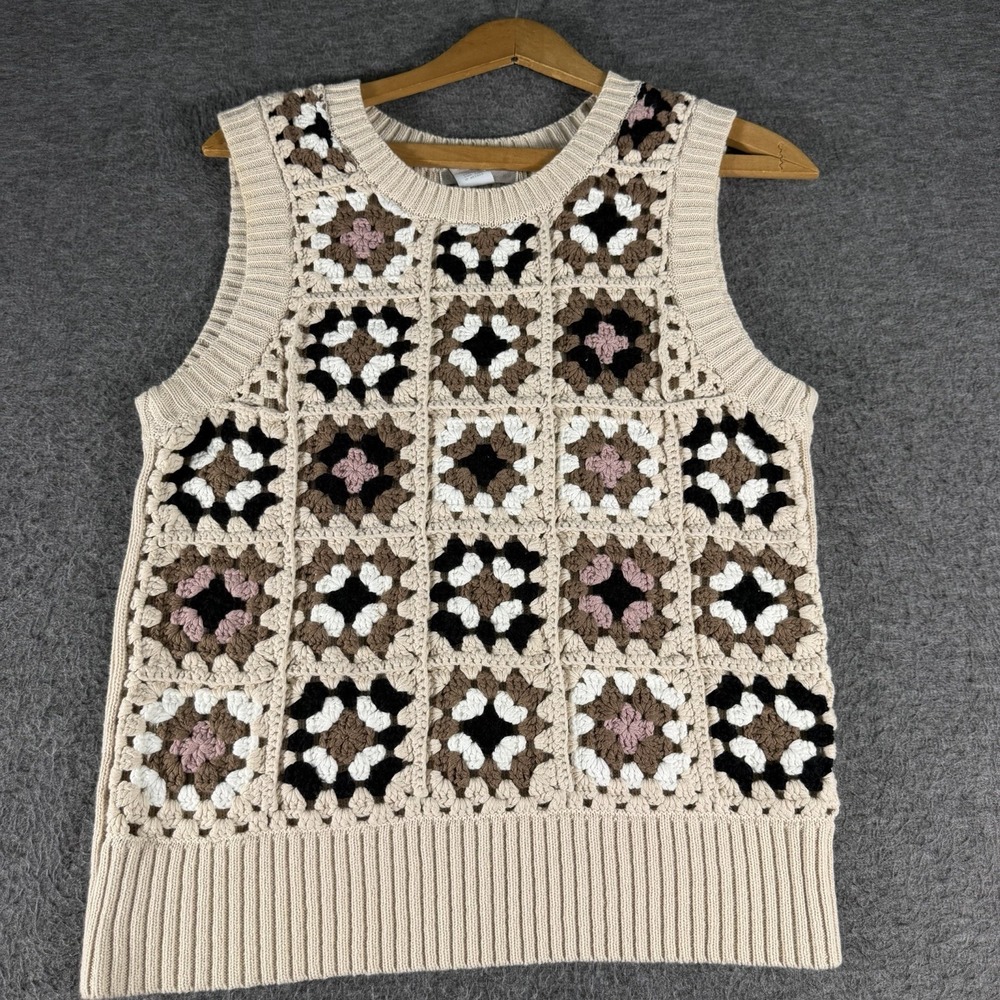 Women's Granny Square Crochet Sweater Pullover Sleeveless Grannycore Hippie SZ M